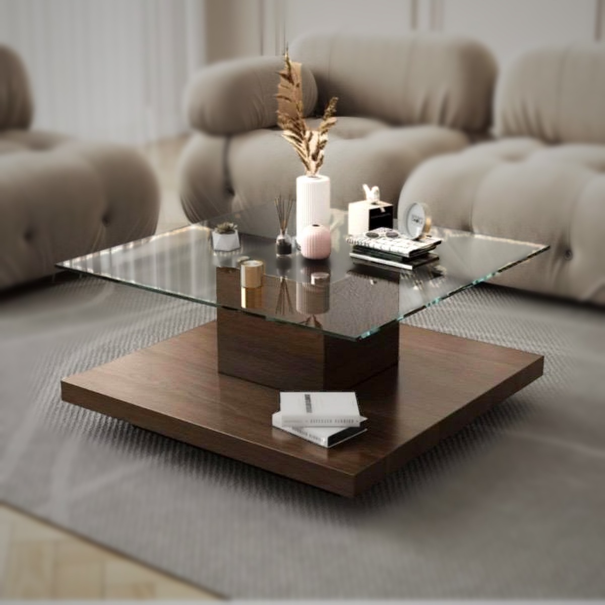 Mesa de Centro de Cristal con Base de Madera