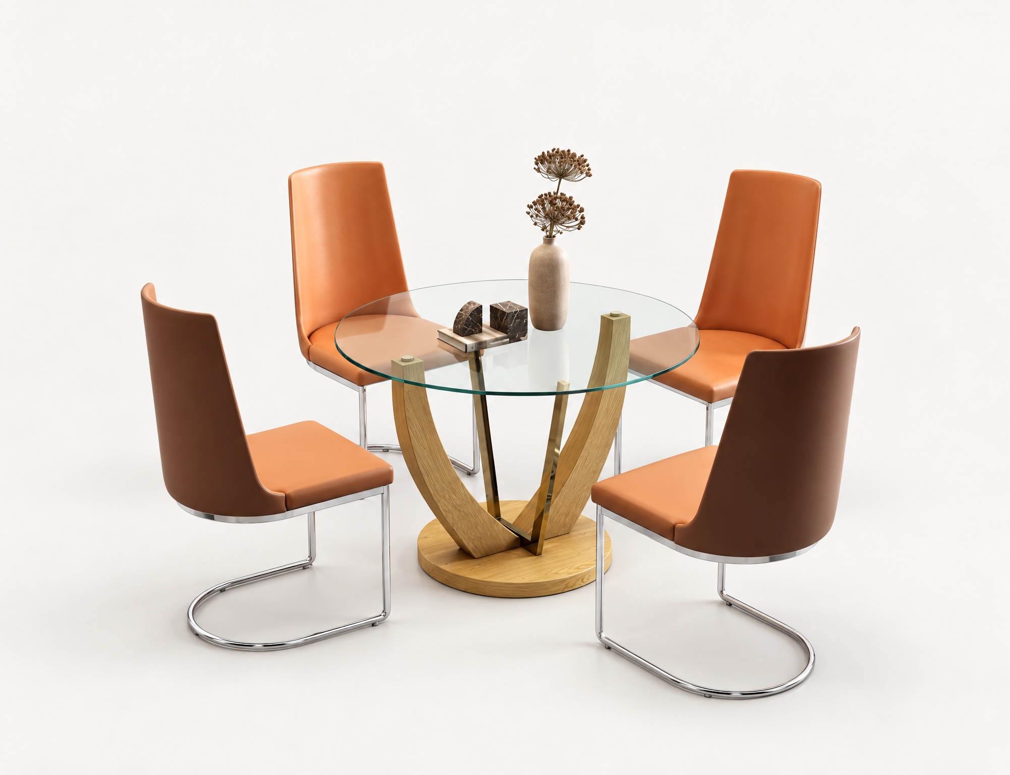 Juego de Comedor Redondo de Cristal — Base Dorada