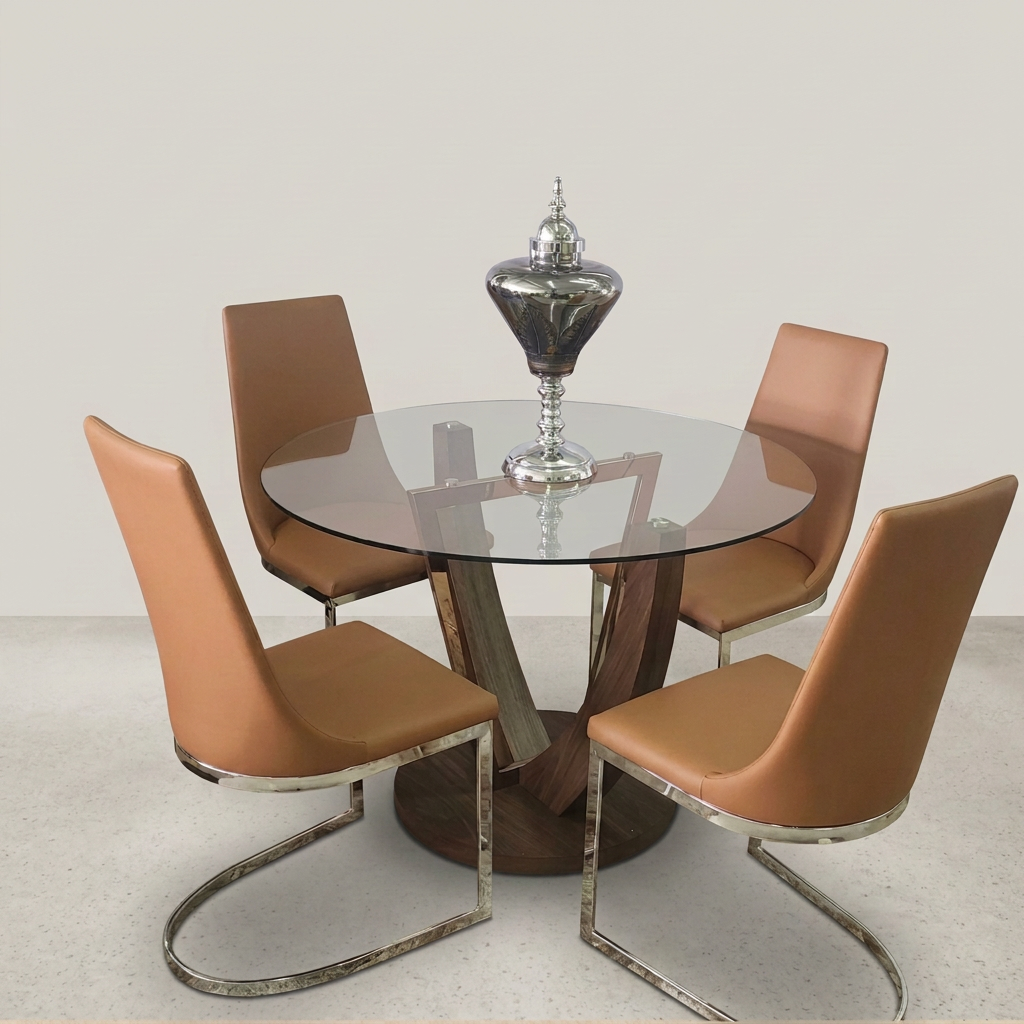 Juego de Comedor Redondo de Cristal — Base Cromada